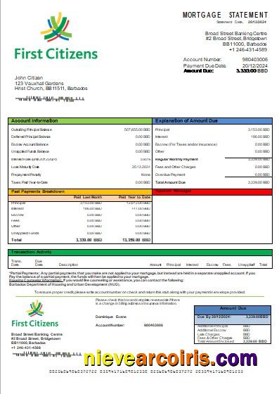 Barbados First Citizens bank mortgage statement